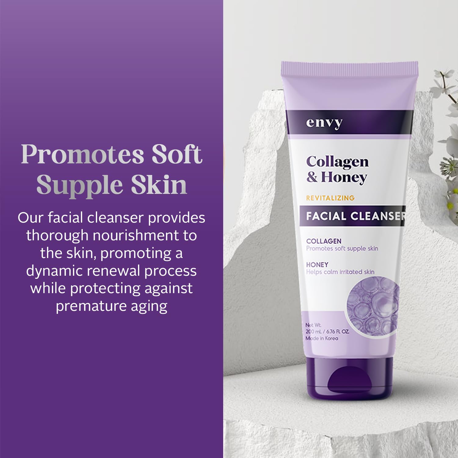 Envy Nettoyant Visage Collagène Miel – mousse légère nettoyant en profondeur sans tiraillement.