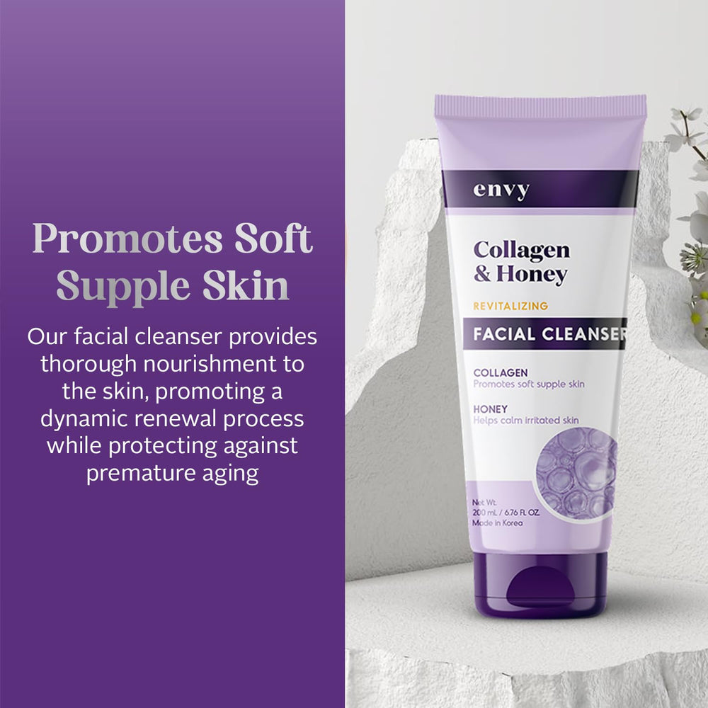 Envy Nettoyant Visage Collagène Miel – mousse légère nettoyant en profondeur sans tiraillement.