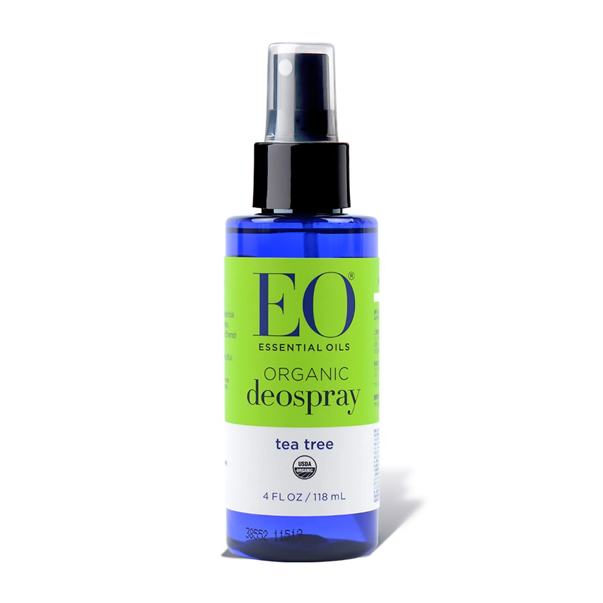 EO Déodorant Spray Arbre à Thé Bio dans sa bouteille bleue.