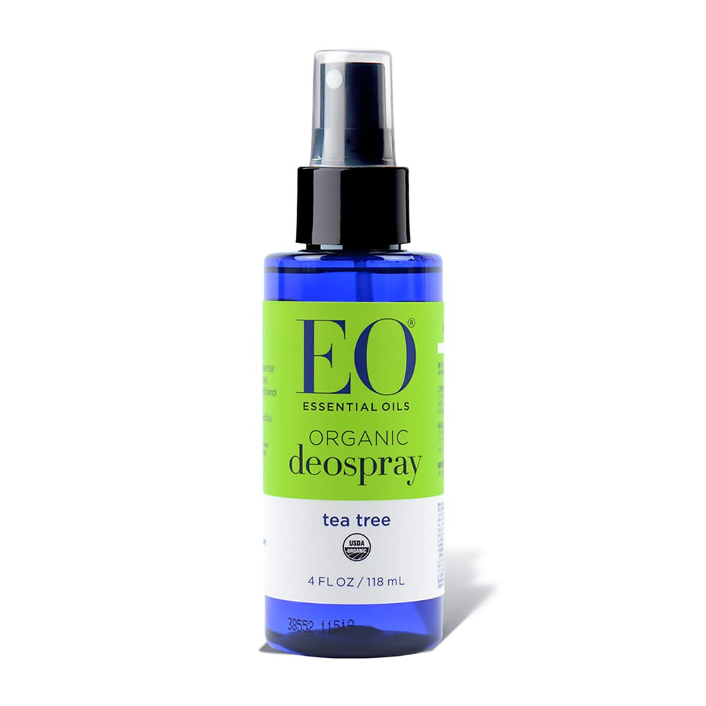 EO Déodorant Spray Arbre à Thé Bio dans sa bouteille bleue.