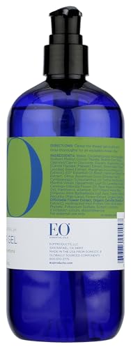 Bathroom countertop setup featuring EO Shower Gel and towels