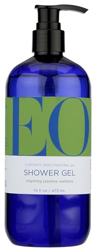 EO Jasmine Verbena Shower Gel bottle on a shelf for a refreshing cleanse