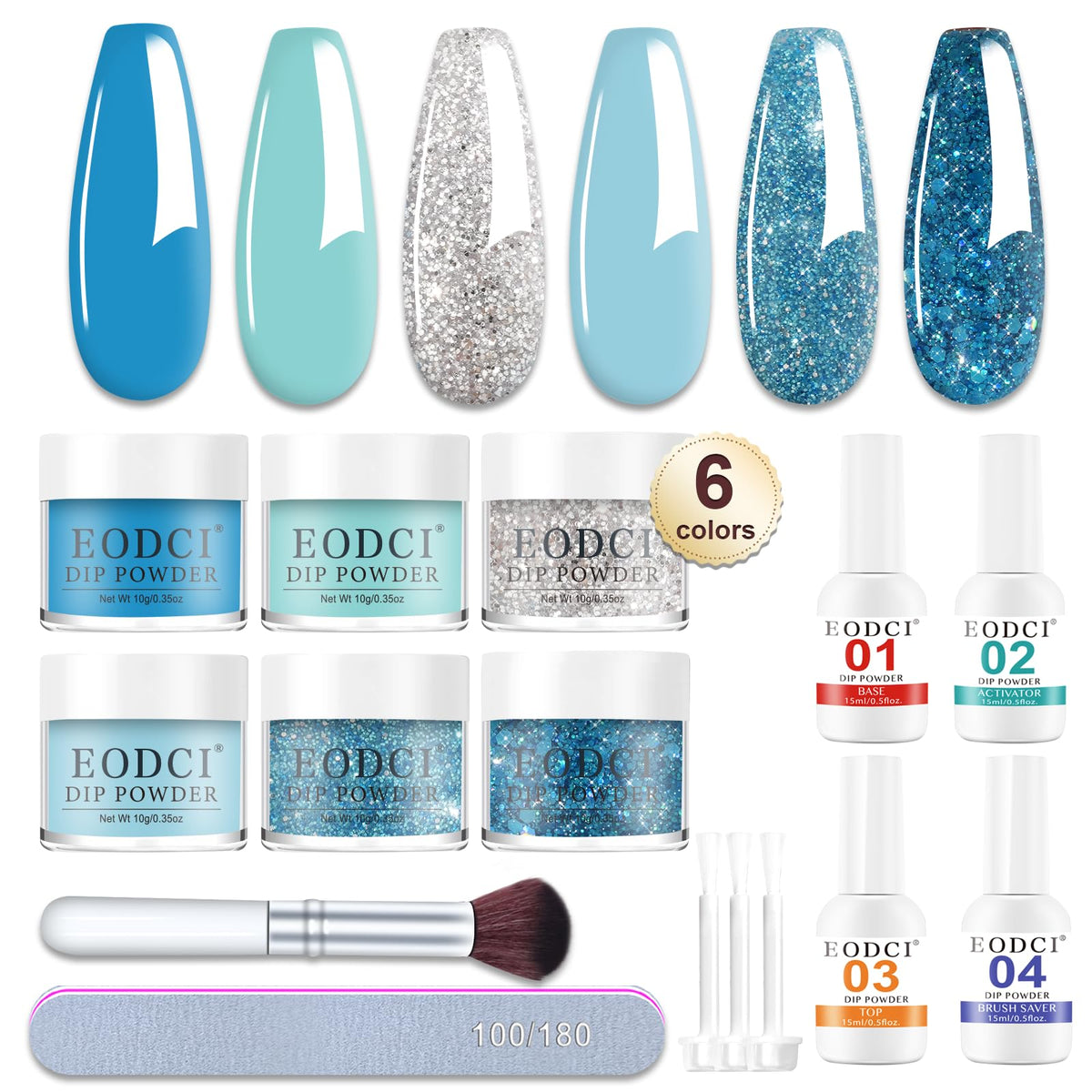 Kit Dip Eodci montrant l’ensemble de 12 pièces pour démarrer une manucure à domicile.
