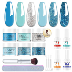 Kit Dip Eodci montrant l’ensemble de 12 pièces pour démarrer une manucure à domicile.