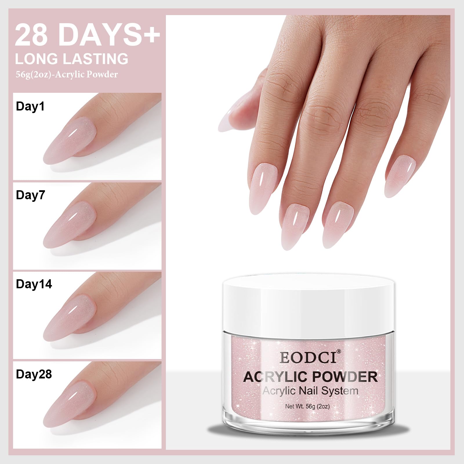 Poudre Acrylique EODCI rose pailletee, application sans lampe rapide et pratique.