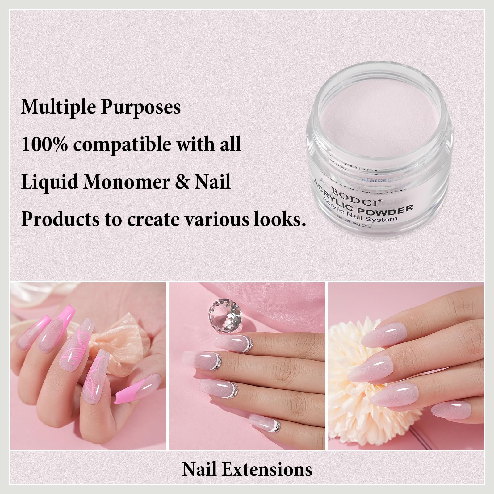 Poudre Acrylique rose paillete EODCI, duree jusqu_a 28 jours pour des ongles durables.