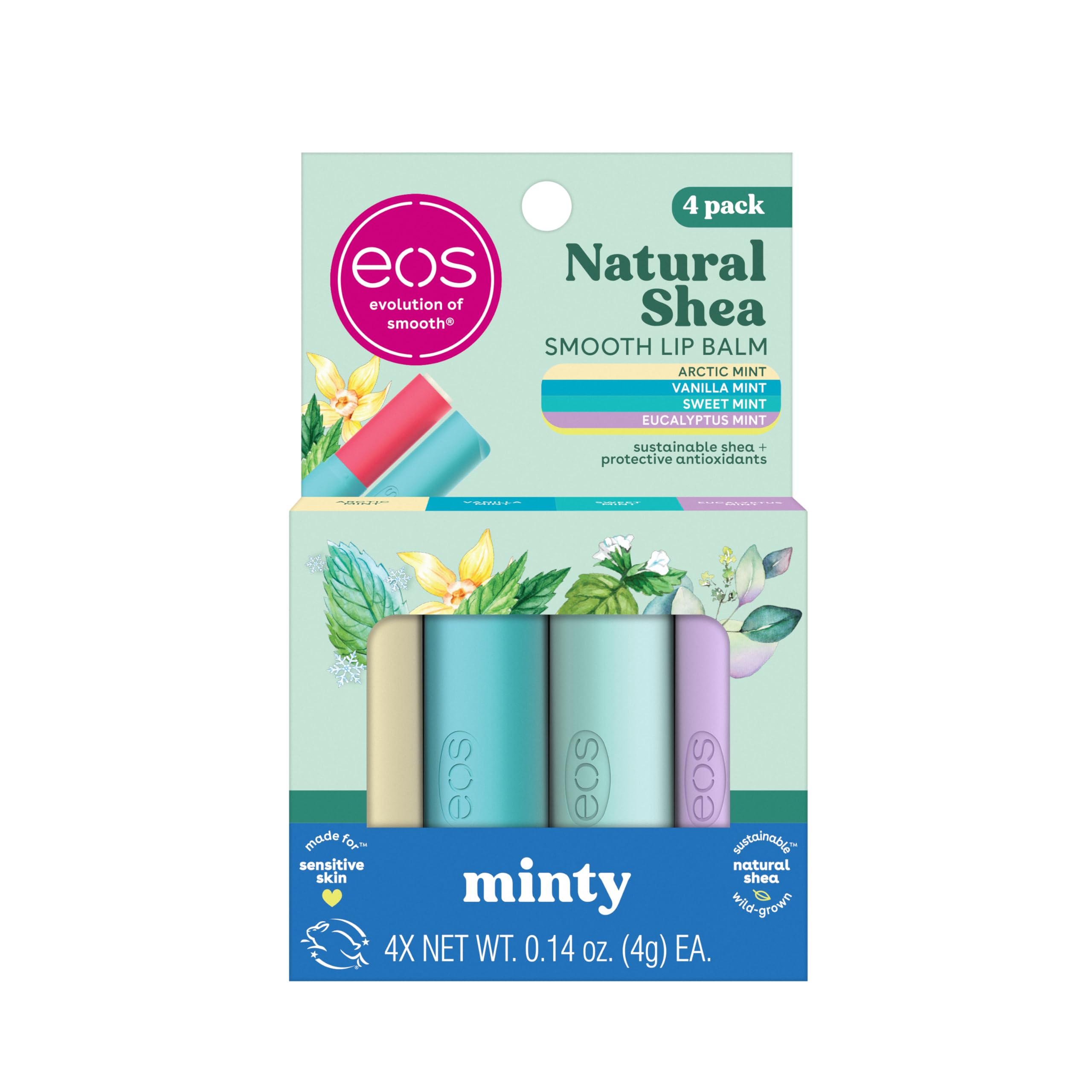 EOS baume lèvres Artic Mint pack – hydrate durablement les lèvres sensibles.