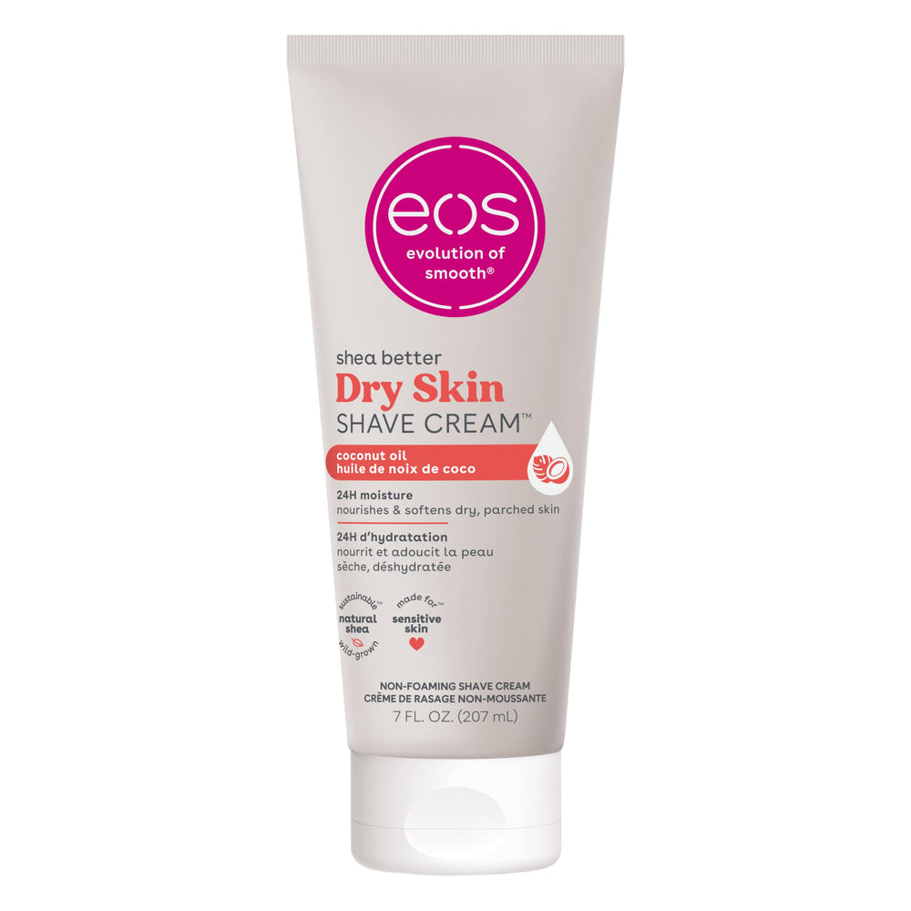 eos creme-rasage-peau-seche bouteille: hydratation durable lors du rasage