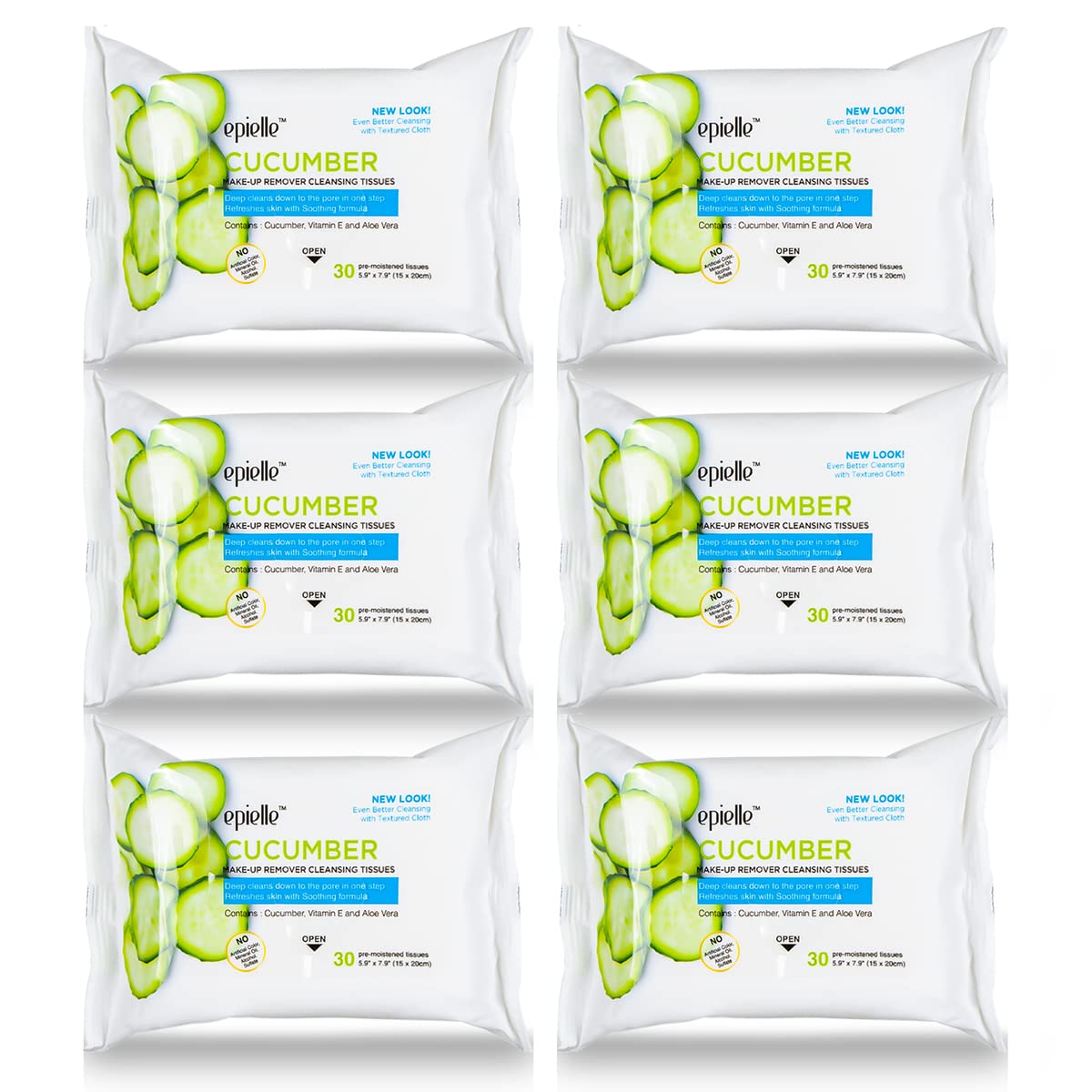 Lingettes démaquillantes Epielle au concombre, paquet de 30 dans le pack6, démaquillage efficace