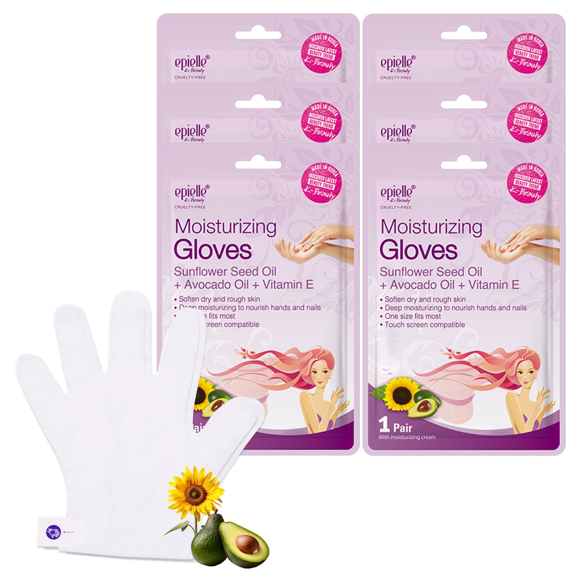 Epielle masque main hydratant, emballage 6 paires, idéal pour hydrater les mains.