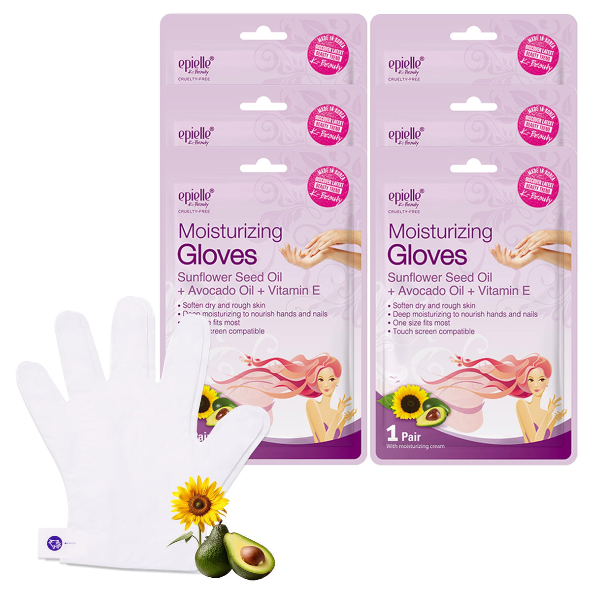 Epielle masque main hydratant, emballage 6 paires, idéal pour hydrater les mains.