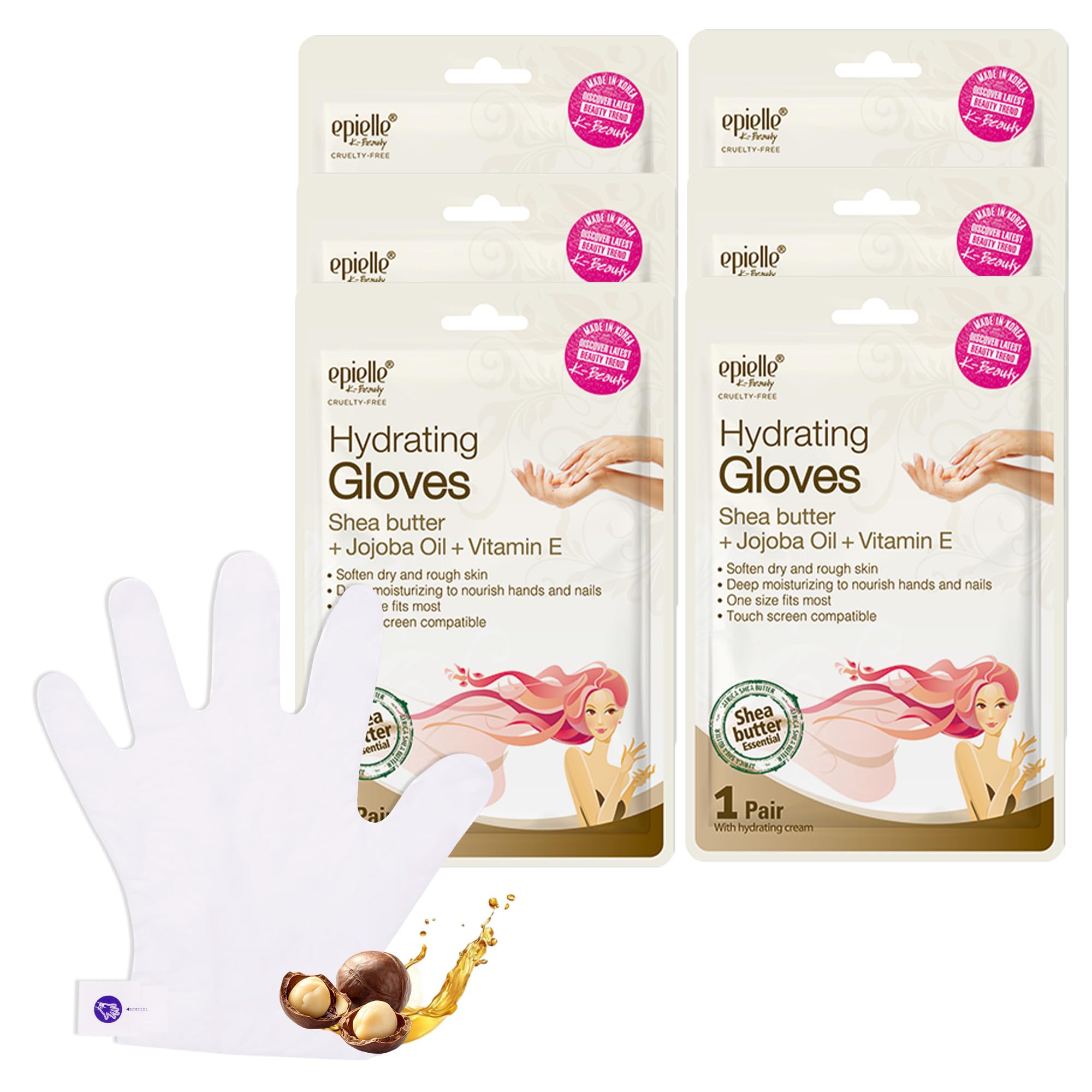 Epielle masque-main hydratant: emballage et six paires pour hydrater les mains sèches.