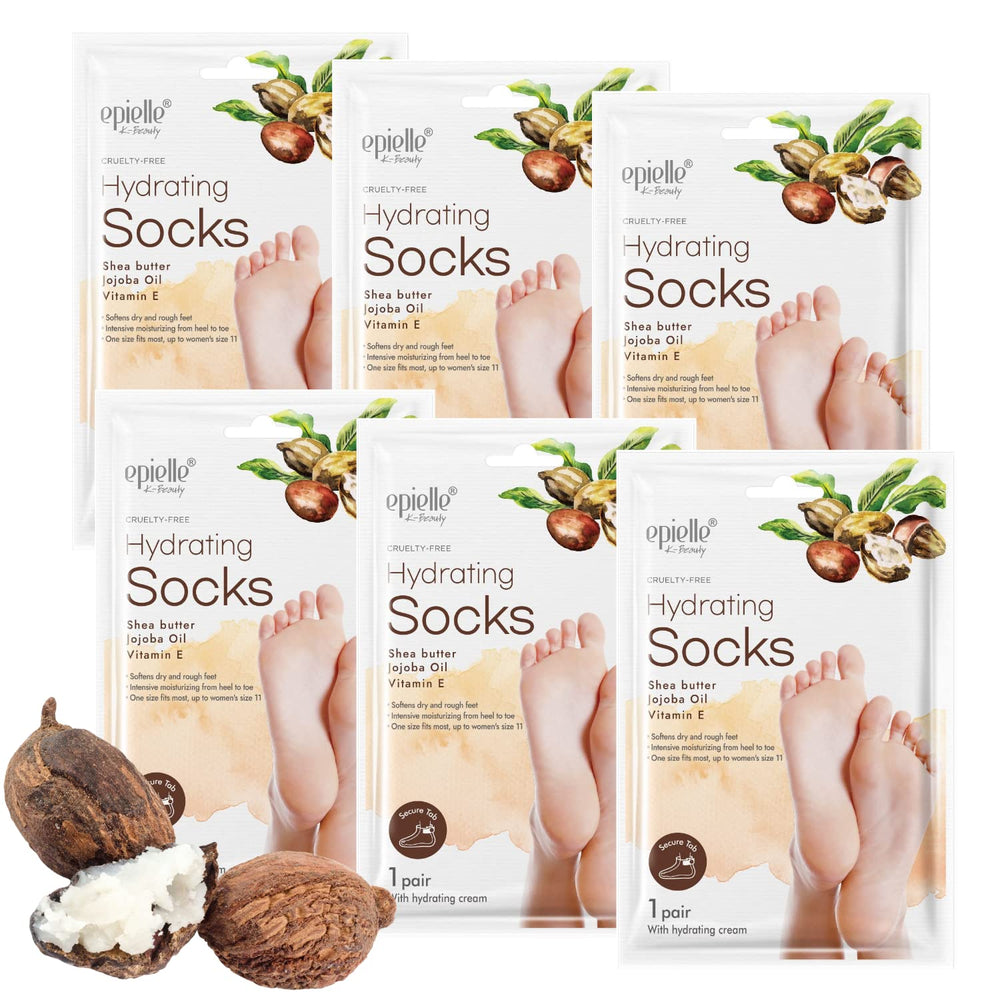 Epielle masque-pieds hydratant: 6 paires, soin rapide pour pieds secs.