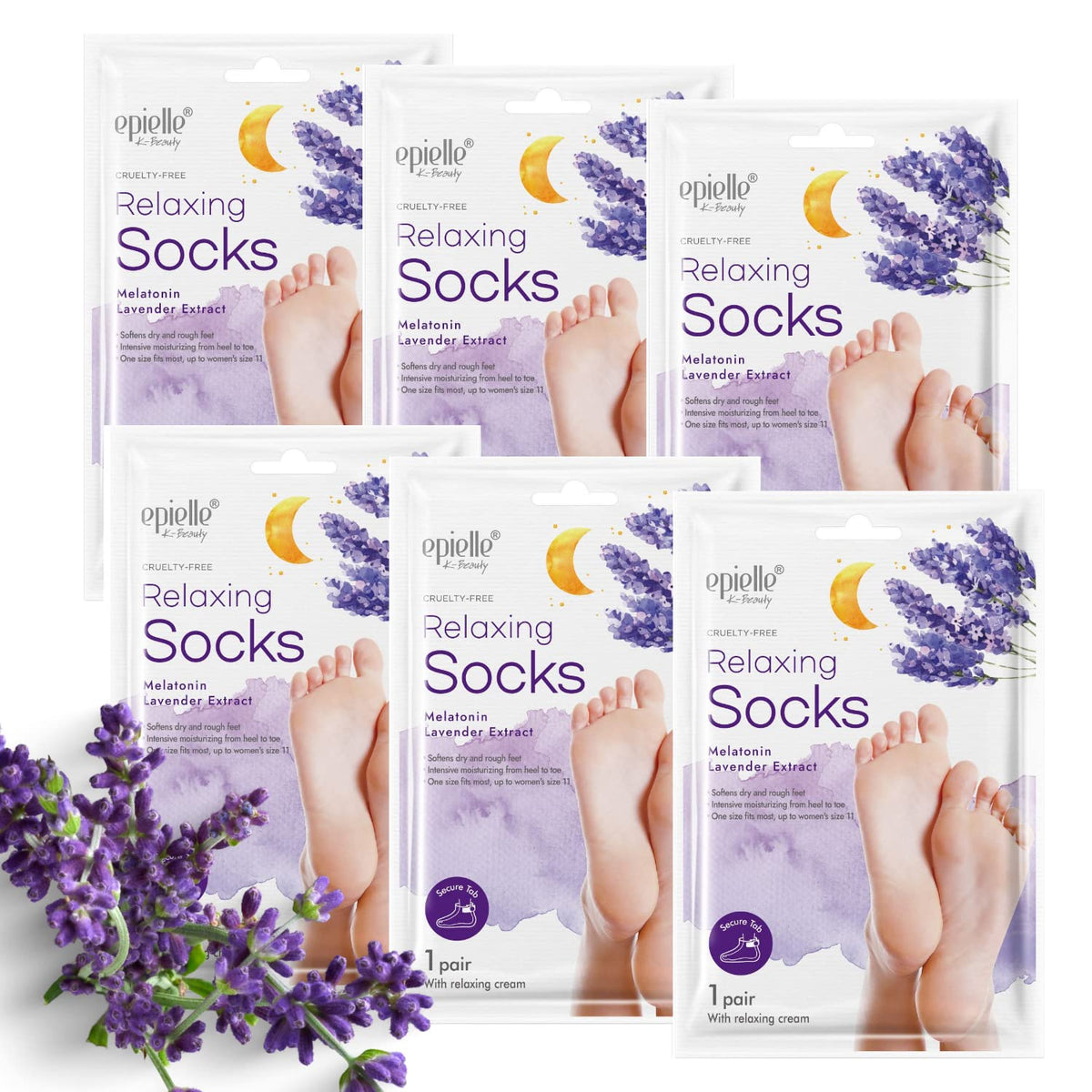 Epielle masque-pieds relaxant, 6 paires, premier pas vers pieds plus doux.