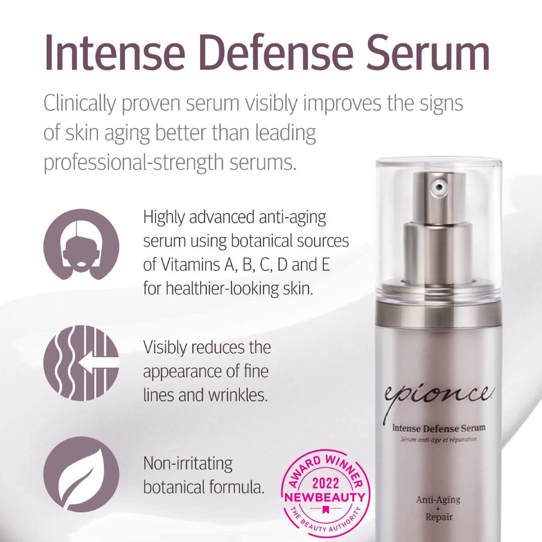 Flacon verre Epionce Defense Intense avec texture légère et peau tonifiée.
