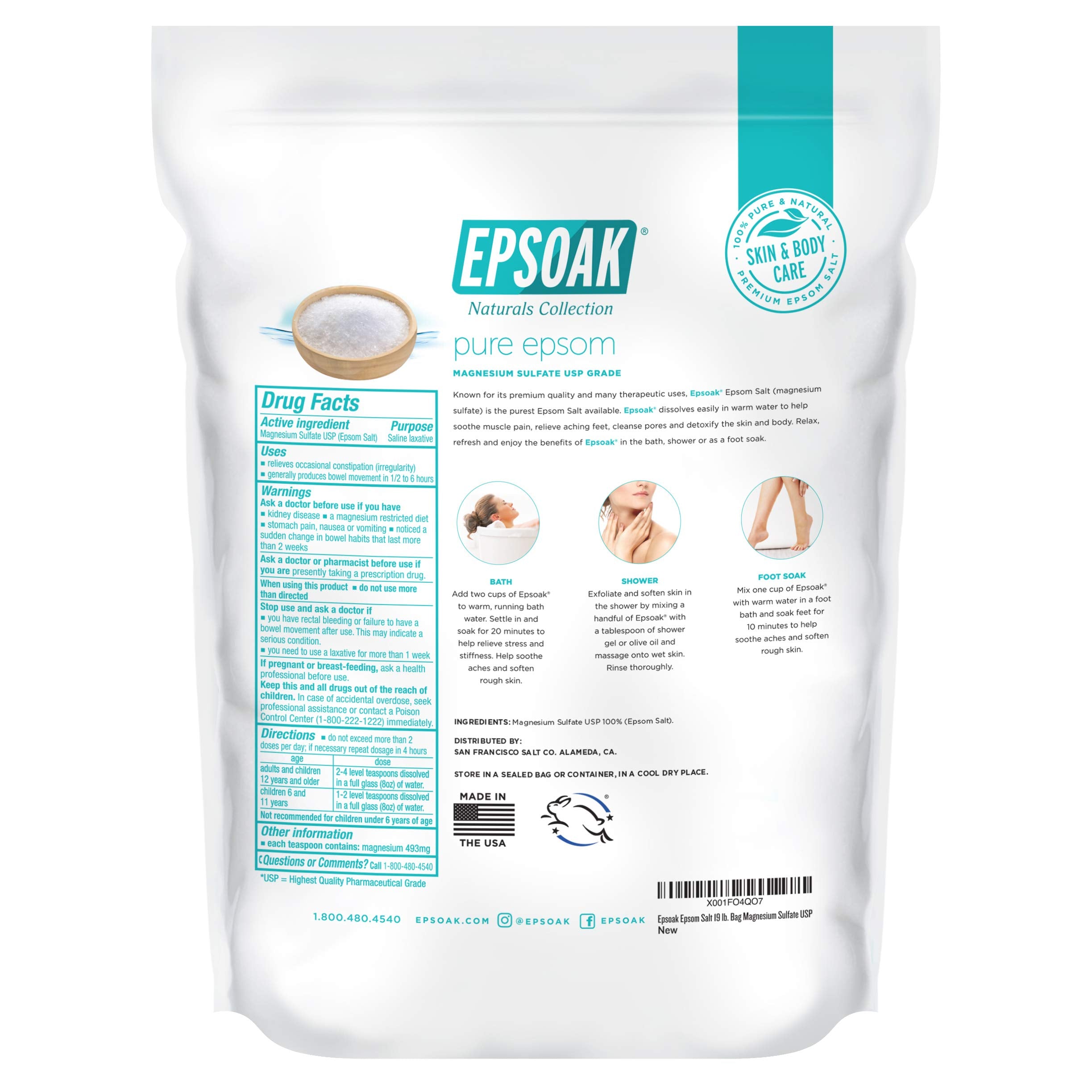 Epsoak Epsom USP, fabriqué aux États-Unis, qualité USP.