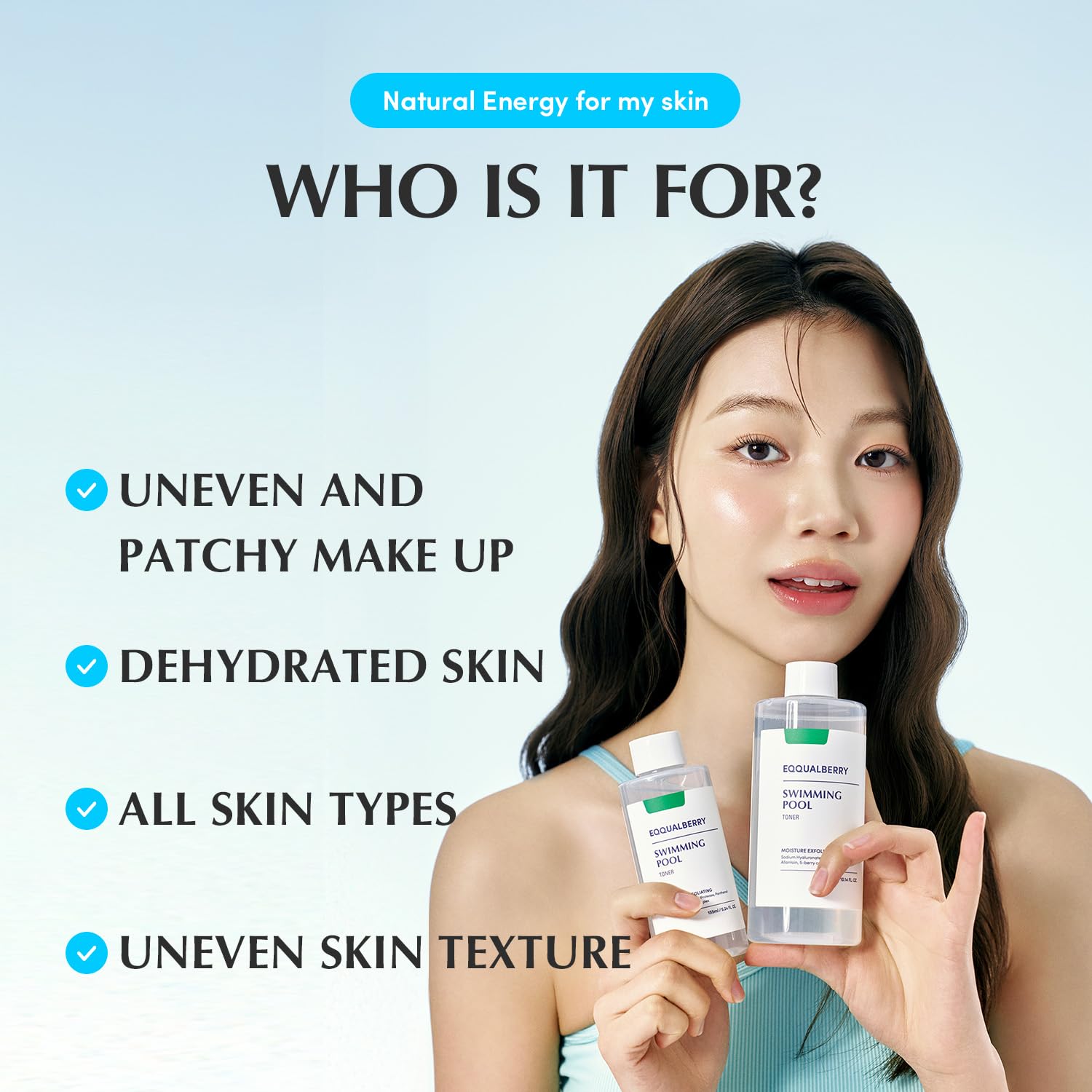 EQQUALBERRY tonique, acide hyaluronique hydrate durablement la peau.