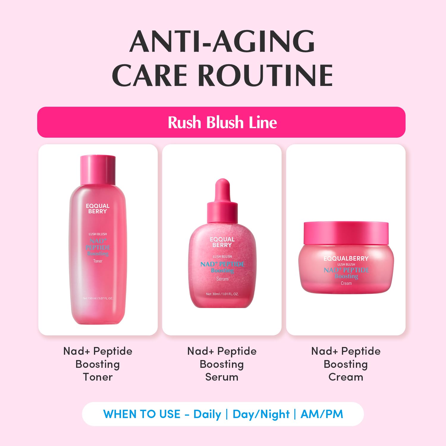 EQQUALBERRY NAD+ Peptide Toner, visage avec éclat et fermeté apparents.