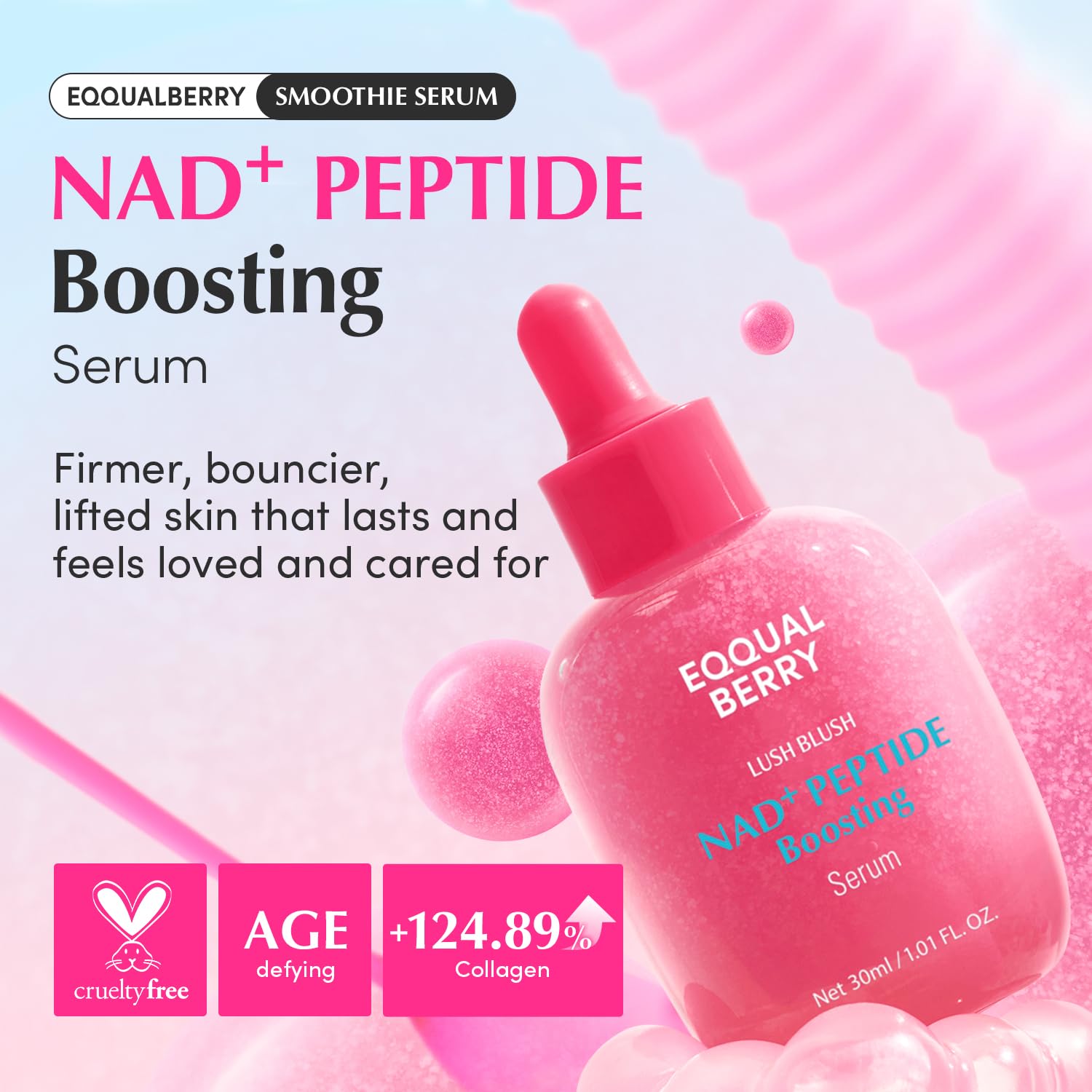 EQQUALBERRY NAD+ Sérum – goutte glissante sur peau, raffermit et lisse.