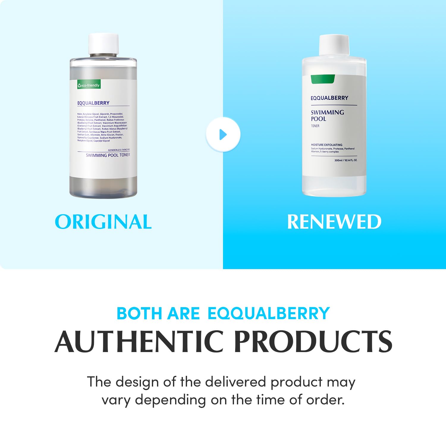 EQQUALBERRY Toner sur flacon révèle réduction des pores et peau plus lisse.