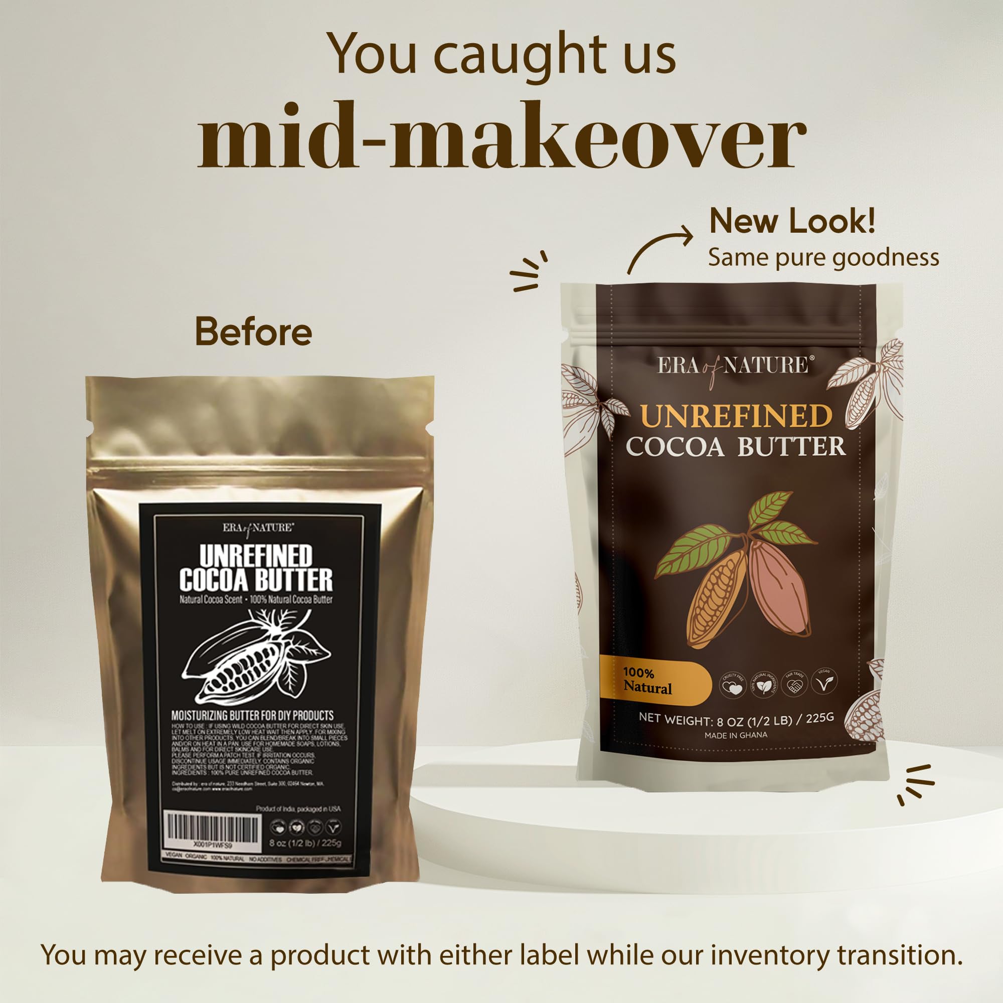 Beurre cacao cru Era of Nature, application douce sur peau et cheveux