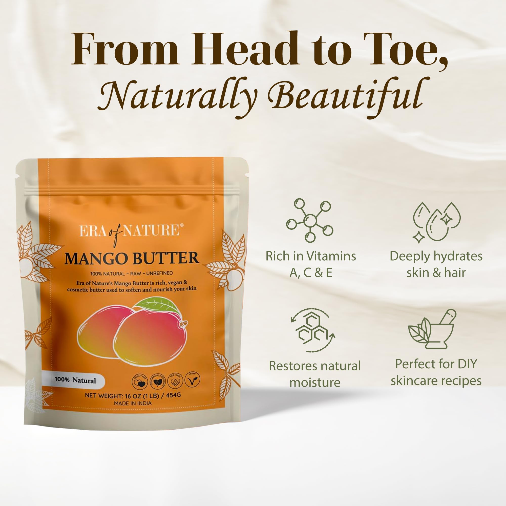 era of nature Beurre mangue brut sur peau, application douce et luxueuse.