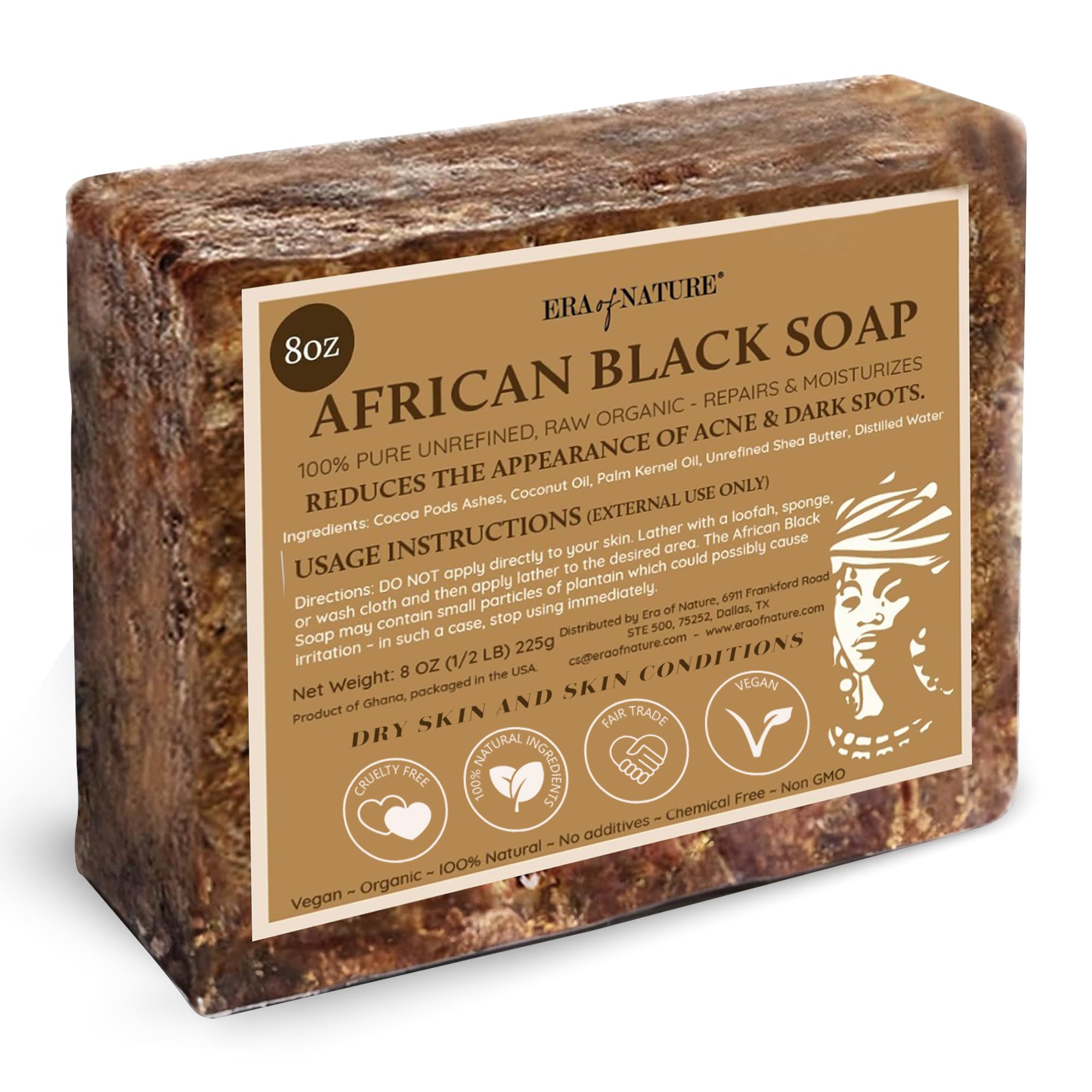 Savon noir africain Era of Nature en pavé, soin naturel pour la peau.