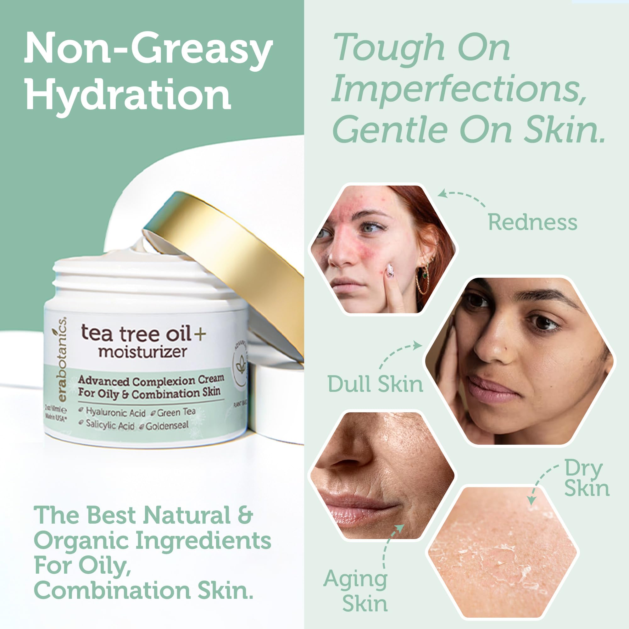 Après application, brillance réduite et fini frais avec Era Organics Tea Tree.
