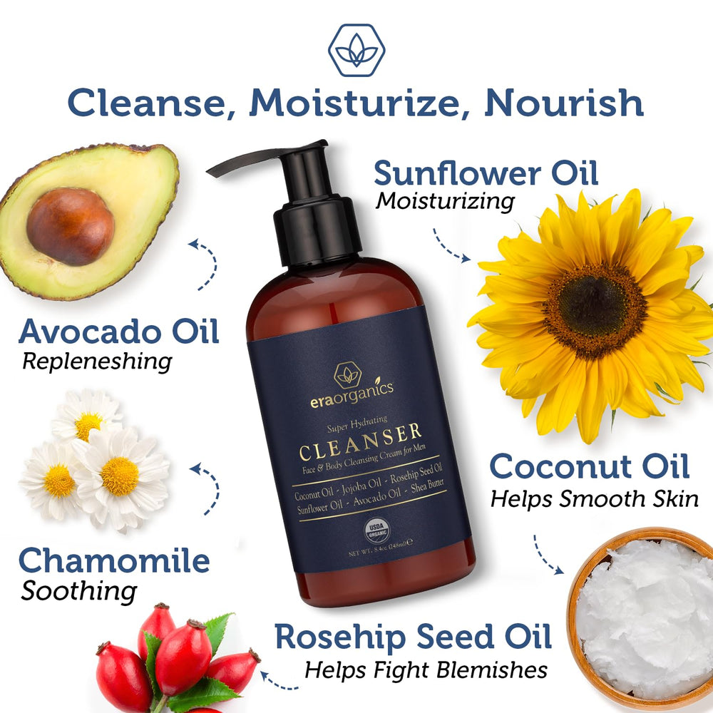 Era Organics nettoyant visage homme – crème hydratante pour peau équilibrée.
