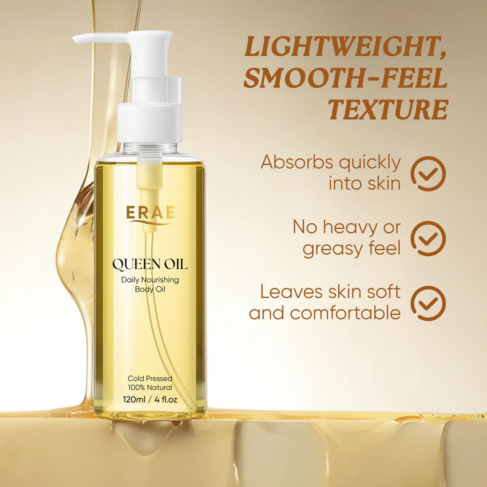ERAE Queen Oil – zones bras, ventre et cuisses hydratées en douceur.