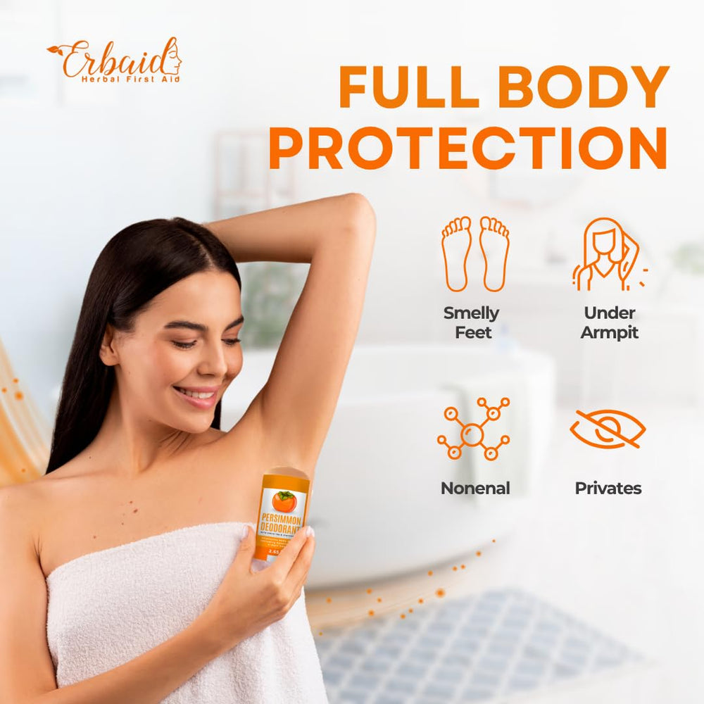 Erbaid Persimmon Déodorant – application sous les bras, texture qui fond au contact du corps.
