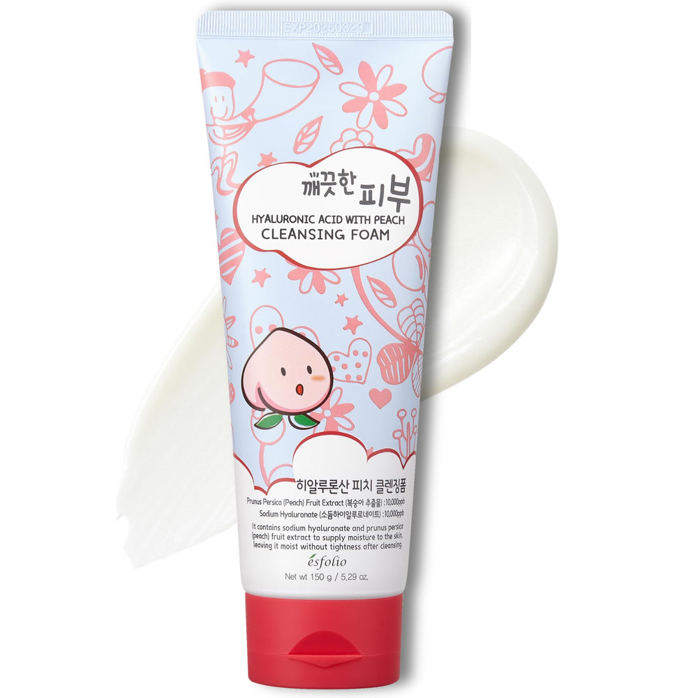 Esfolio Hyaluronic Acid Peach Cleanser bottle, hydrating daily cleanse for all skin types.