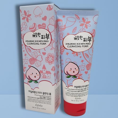 Esfolio Hyaluronic Acid Peach Cleanser foam closeup, creamy texture for gentle cleansing.