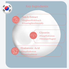 Esfolio Peach Extract cleanser label closeup, natural conditioning hint.