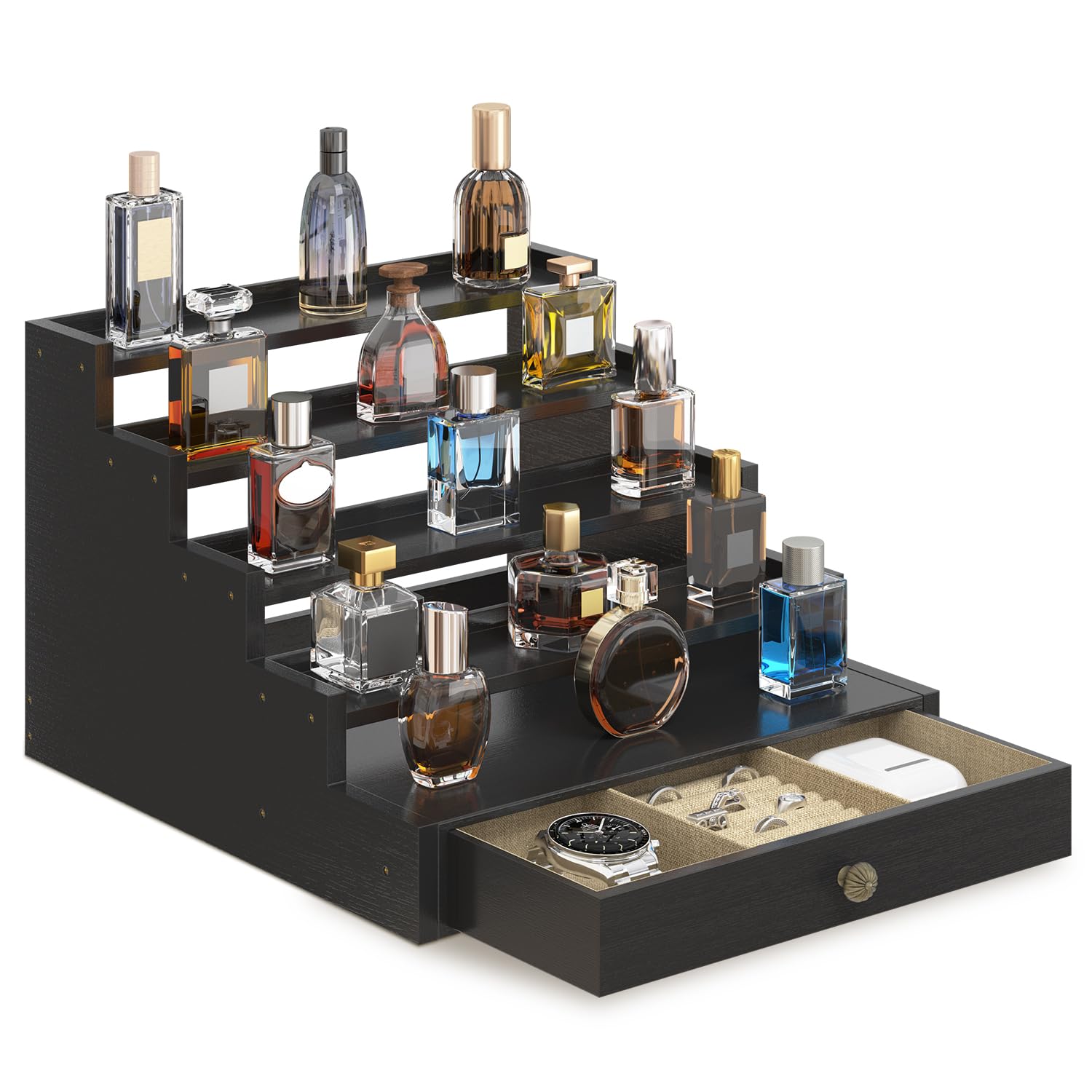 EsLuker.ly organisateur parfums bois, cinq niveaux, accès rapide aux flacons.