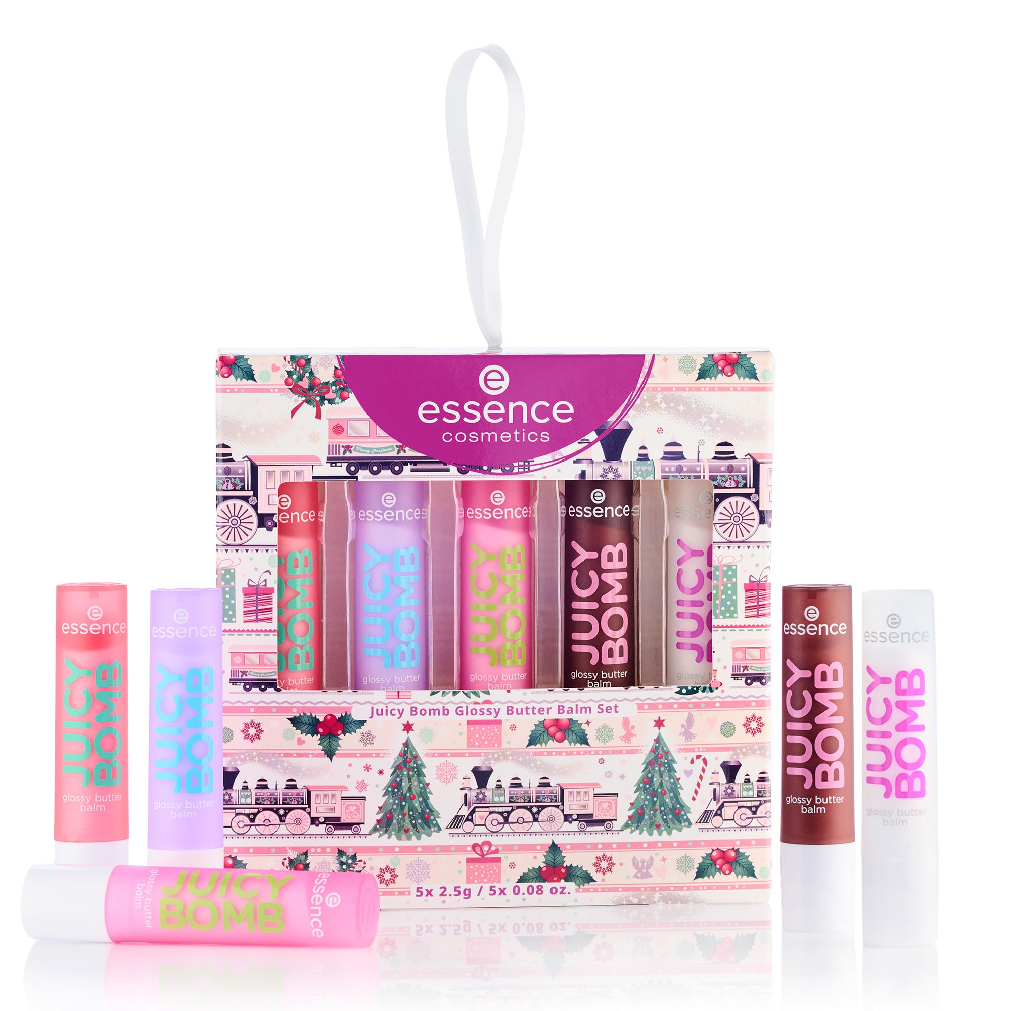 Etui festif essence Juicy Butter Balm sur fond blanc lumineux.