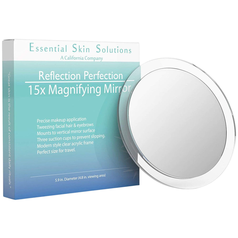 Miroir Essential Skin Solutions 15x pour application maquillage avec précision.
