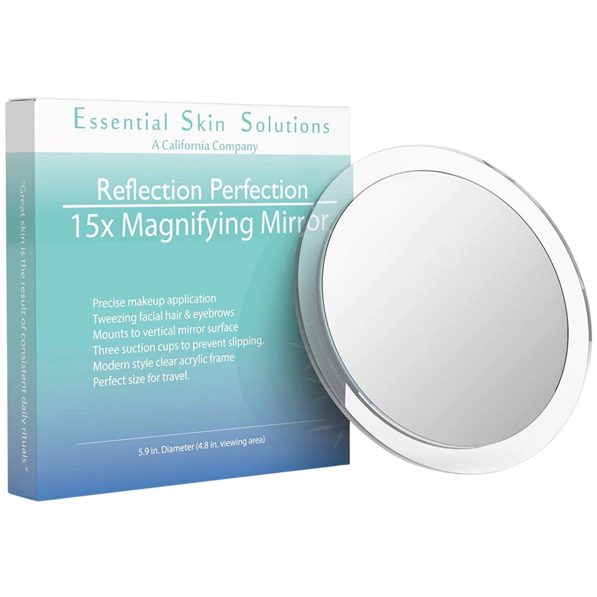 Miroir Essential Skin Solutions 15x pour application maquillage avec précision.