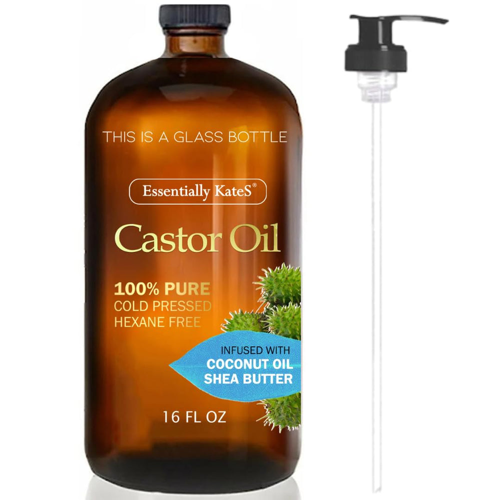 Essentially KateS Castor Oil: bouteille en verre avec pompe, démêlage des cheveux