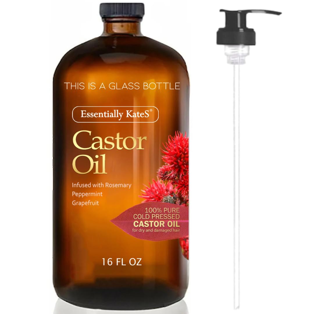 Essentially KateS huile de ricin en bouteille verre avec pompe, nourrissante pour cheveux.