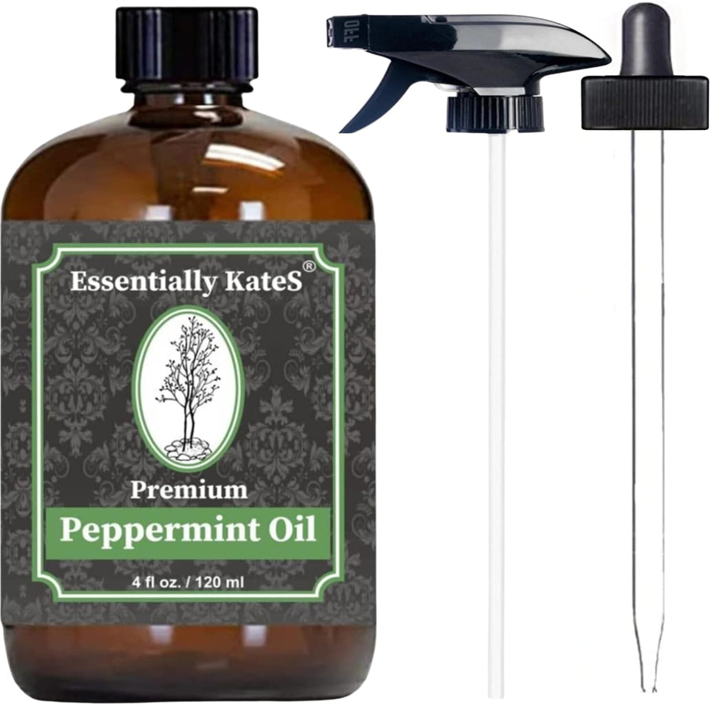 Essentially KateS huile essentielle Menthe Poivrée, bouteille verre pompe, usage rafraîchissant et diffuseur pratique.