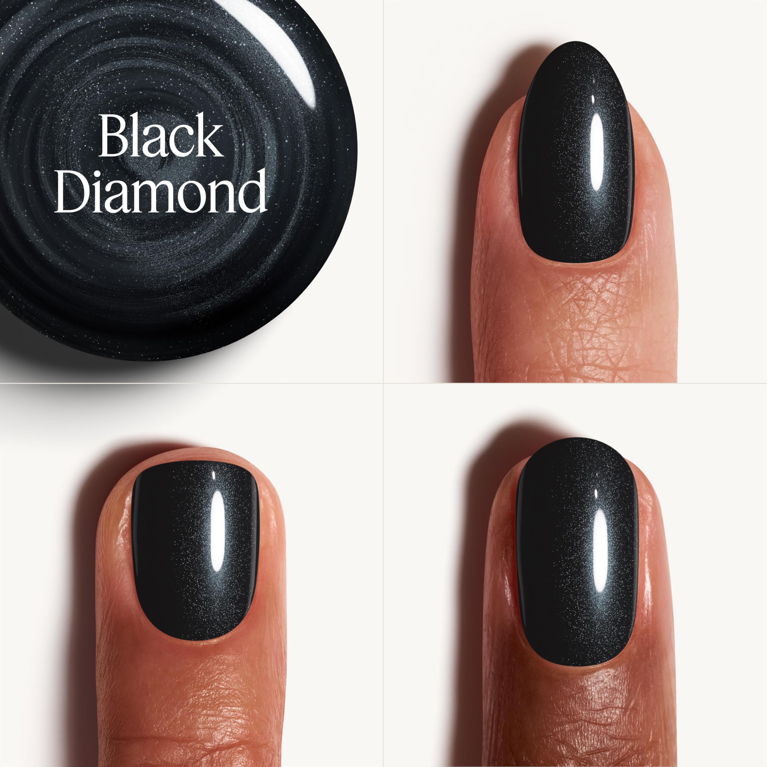 essie gel couture black diamond shade shown on nail for bold, chip-resistant color