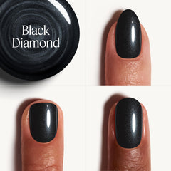 essie gel couture black diamond shade shown on nail for bold, chip-resistant color