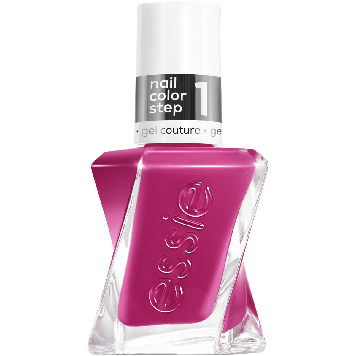 Essie Gel Couture: bouteille rose-violet, longue tenue et éclat brillant.