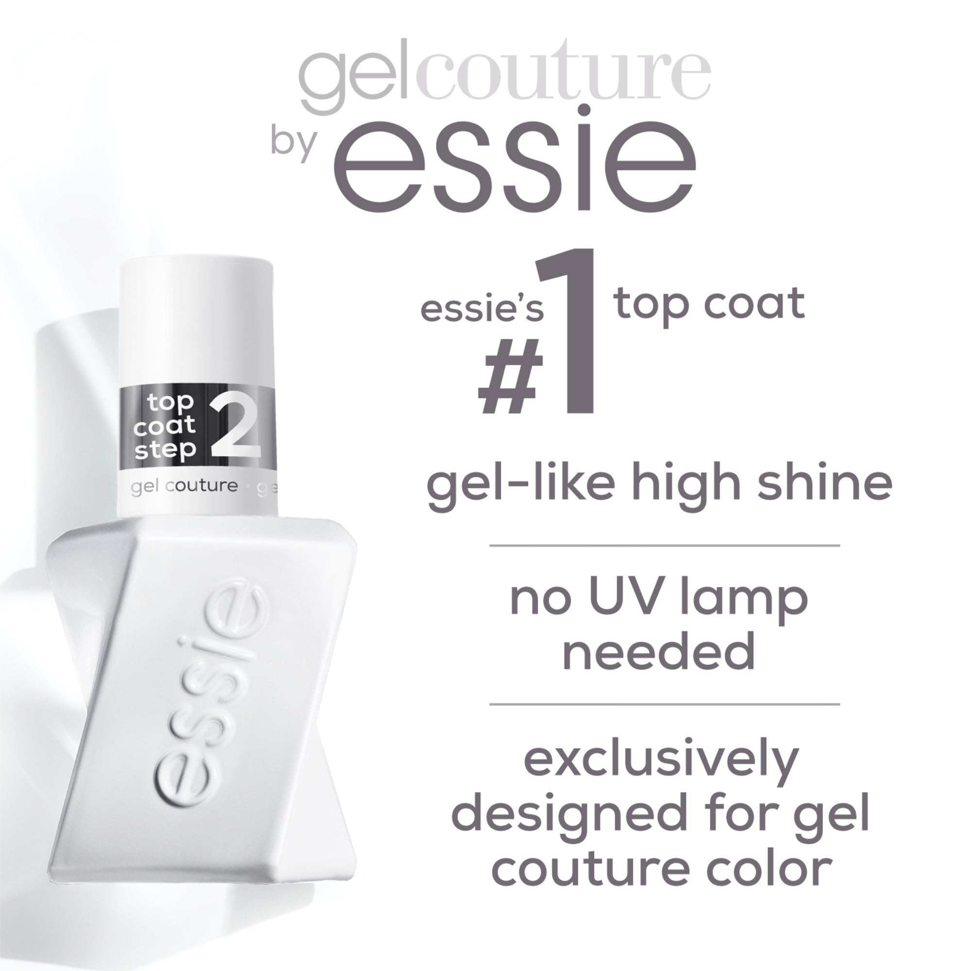 Essie Gel Couture, fini ultra brillant sans bavures.
