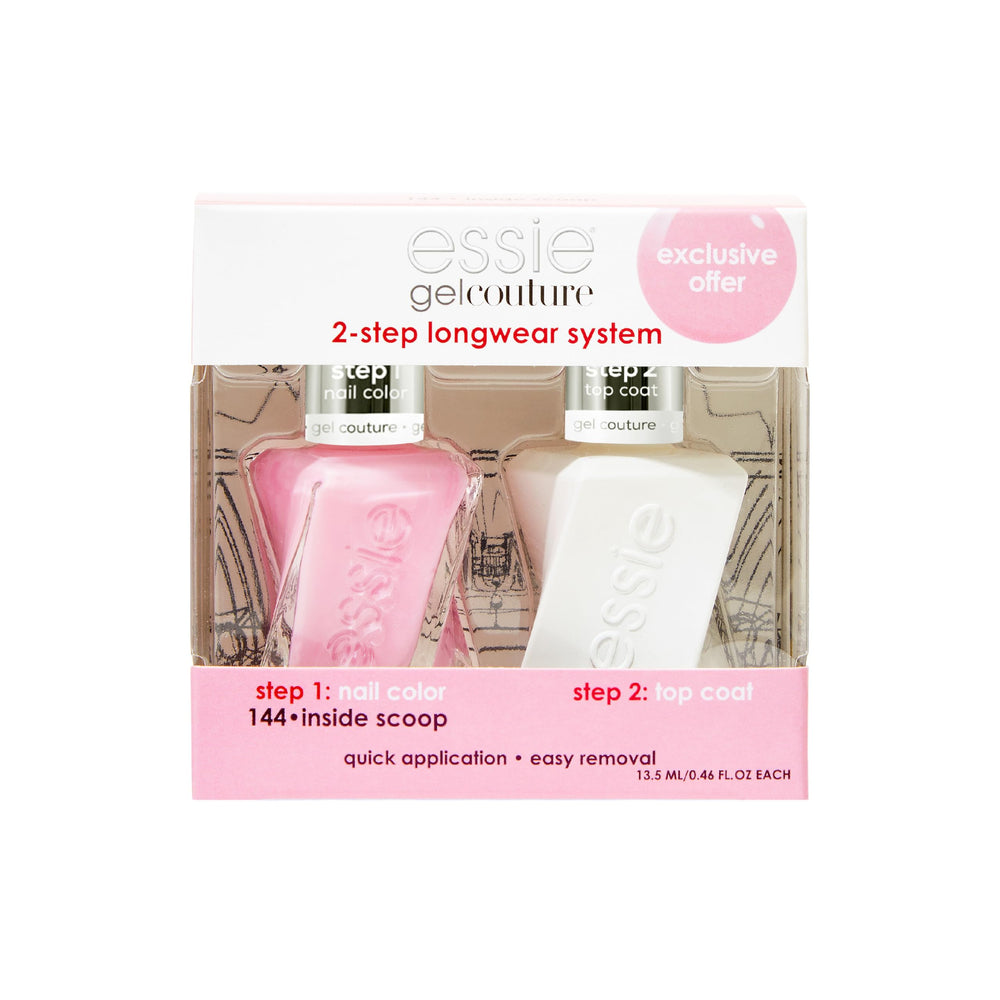 essie gel couture Inside Scoop kit top coat adds gel-like shine.