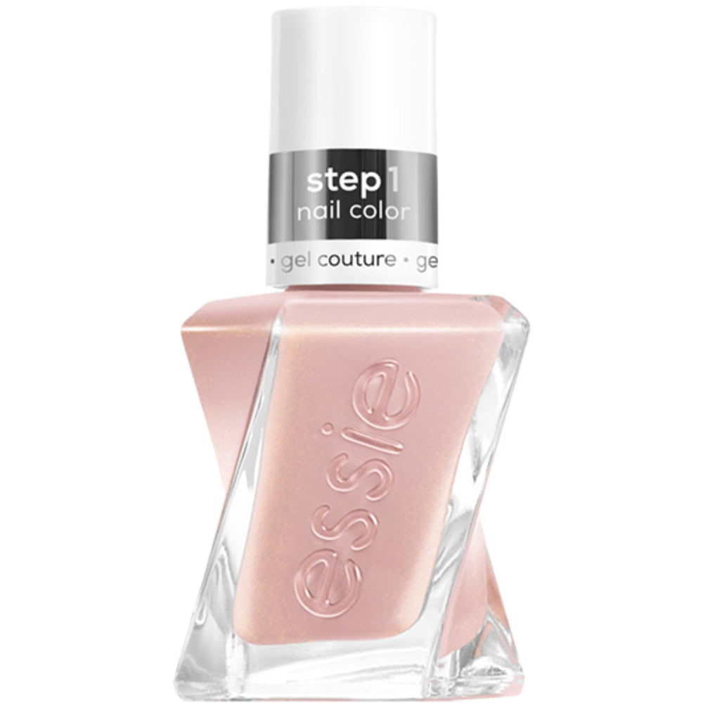 Essie Gel Couture Last Nightie – flacon beige nude avec brillance argentée pour une manucure durable.