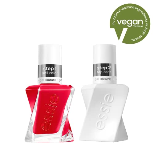 Essie Gel Couture rouge écarlate, pinceau précis pour une application uniforme.