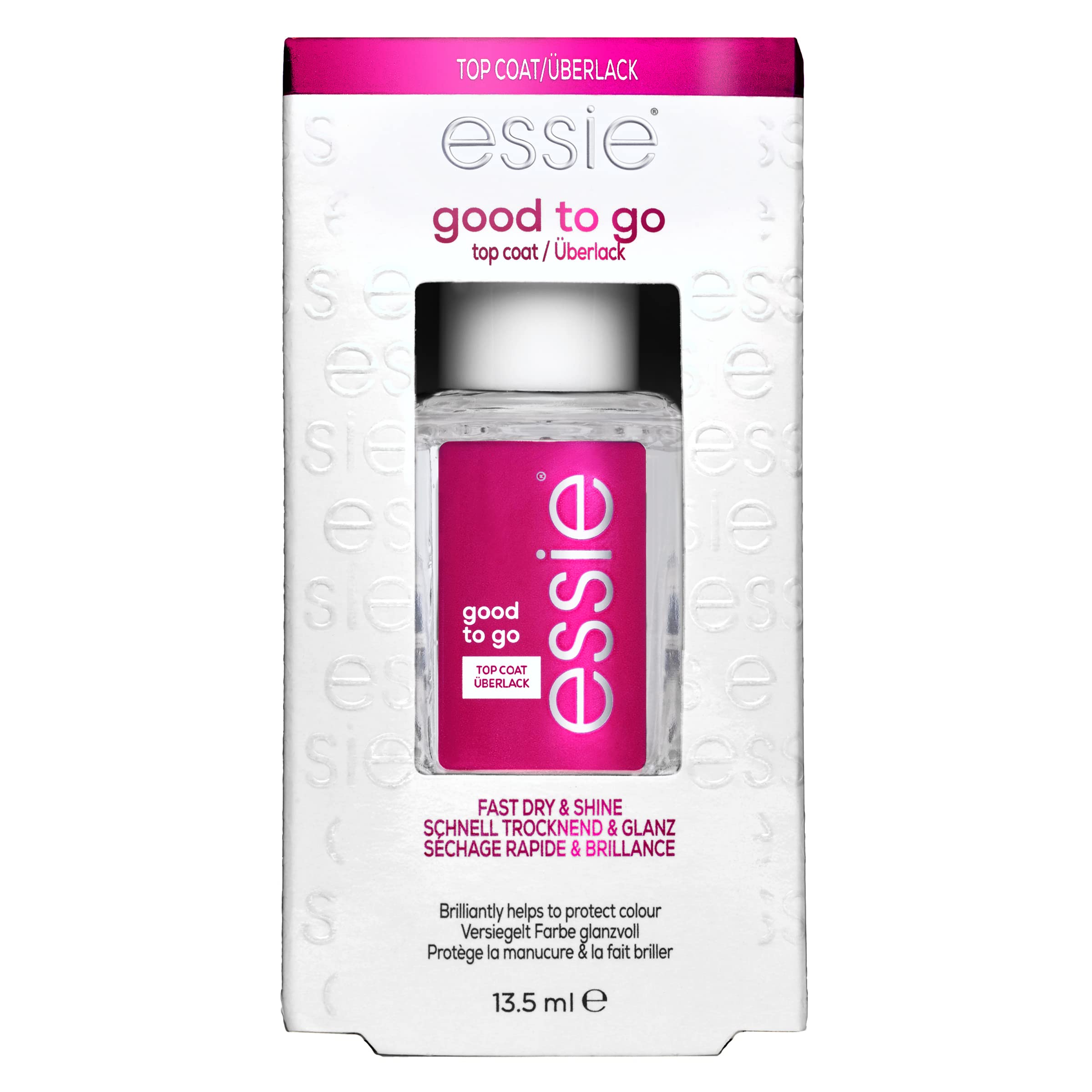 essie good-to-go top coat – bouteille et pinceau, application nette.