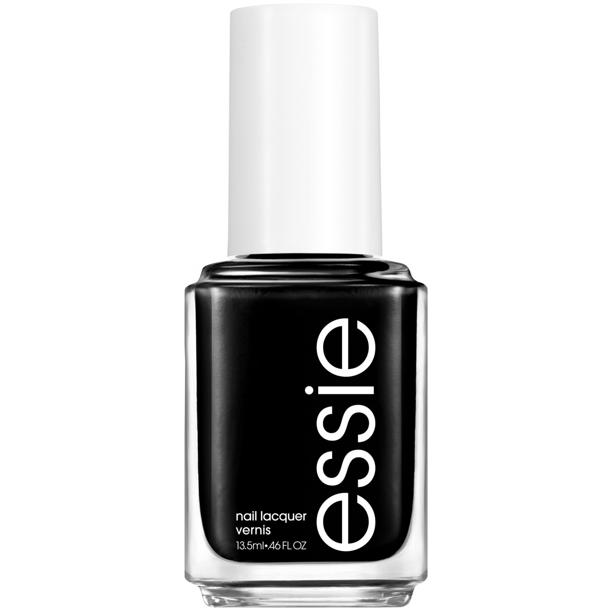Vernis essie Licorice noir jet sur bouteille avec couleur profonde et brillance.
